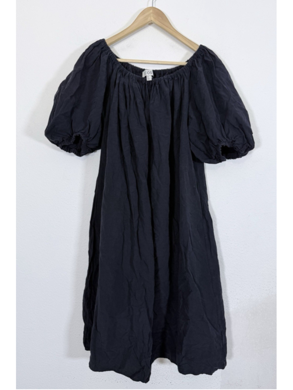 COS Off-The-Shoulder Linen Puff-Sleeve Midi Dress Sz 10 Blue Minimalist Preppy - Picture 2 of 9
